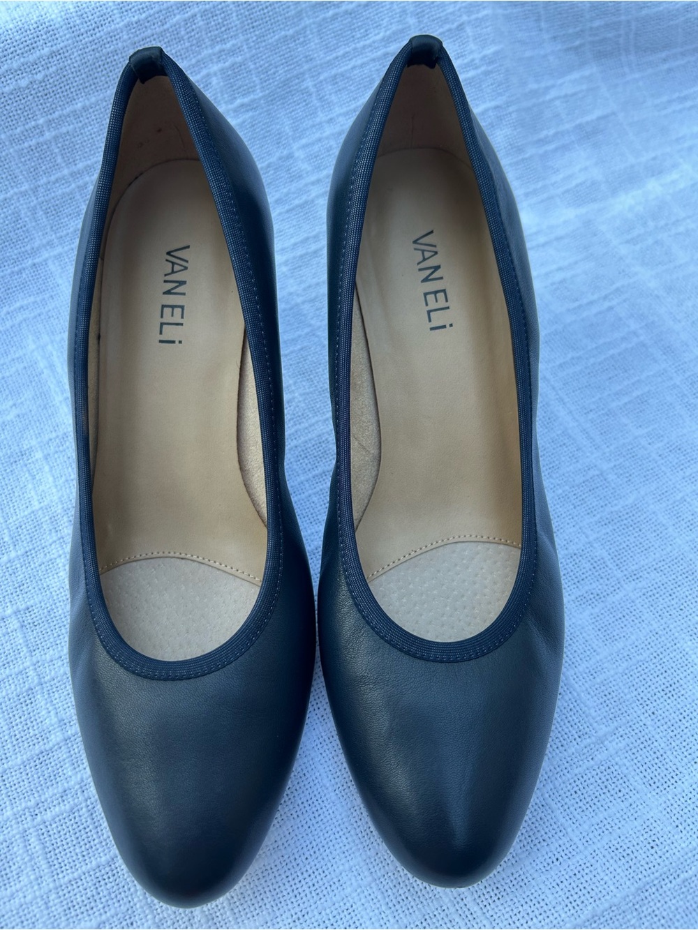 Vaneli Navy Leather Round-Toe Ballet Flats